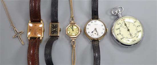 Two ladys 9ct gold wrist watches, one other 9ct gold wrist watch, a gold plated watch and a chrome cased stopwatch.